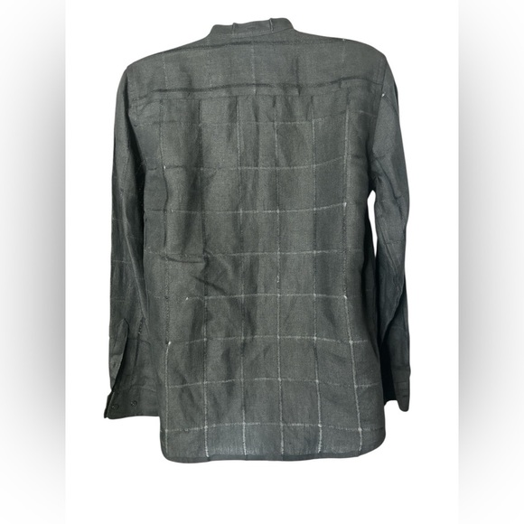 LRL 100% Black Linen Blouse Button Down Mandarin Collar Women’s PS Roll Tab Work - Picture 3 of 11